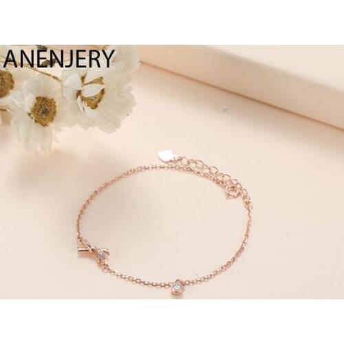 ANENJERY 925 Sterling Silver Zircon Bow-Knot Bracelet For Women Simple Temperament Rose gold Bracelet Student Accessories