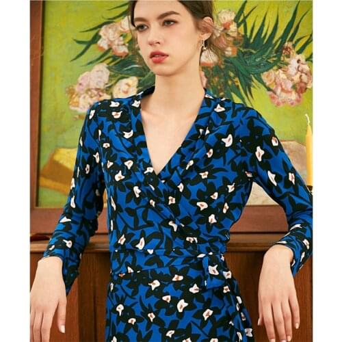 High Quality 100% Silk Dress Women Casual Style Vintage Print V-Neck Wrapped Long Sleeve Elegant Long Dresses New Fashion