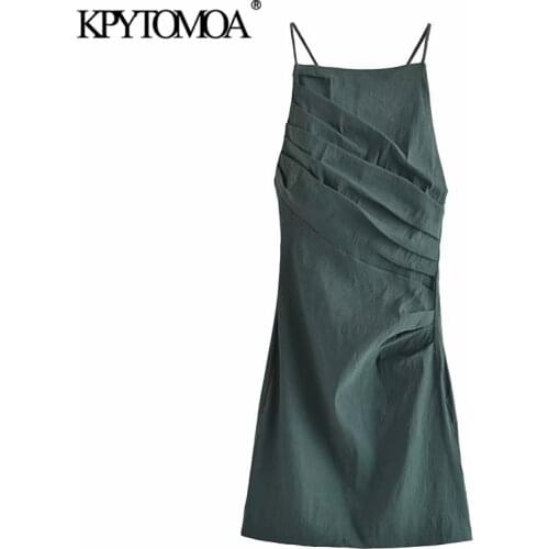 KPYTOMOA Women 2021 Fashion Draped Linen Mini Dress Vintage Backless Zipper Thin Crossover Straps Female Dresses Vestidos Mujer
