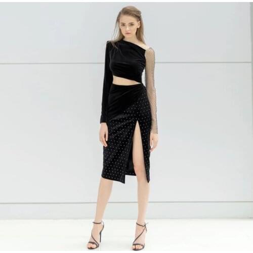 New High-quality Sexy Womens Velvet Fishnet Full-sleeve Shiny Rhinestone Hollow Side Open Sexy Elegant Ladies Dress Vestidos