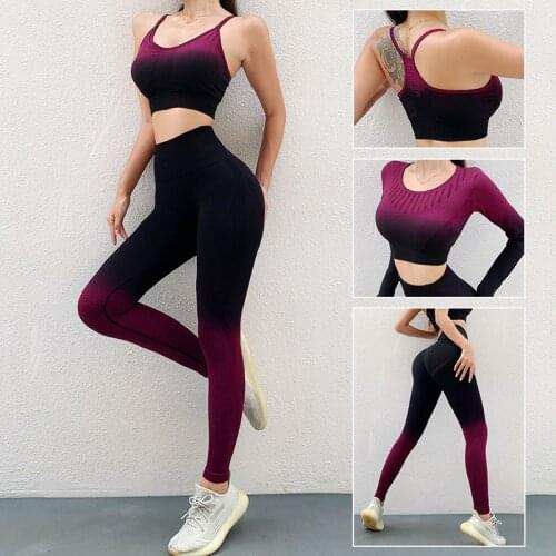 2021 Ombre Seamless Yoga Set Women Sportswear Long Sleeve Workout Crop Top Sports Bra Fitness Leggings Gym Clothing Sports Suits