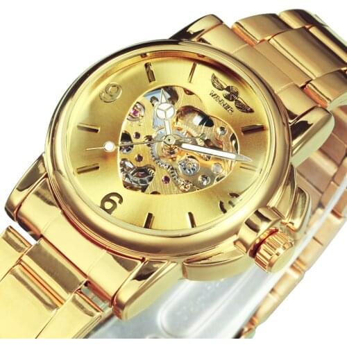 WINNER Luxury Women Watch Automatic Mechanical Heart Skeleton Golden Silver Stainless Steel Band Dress Business Lady Wristwatch