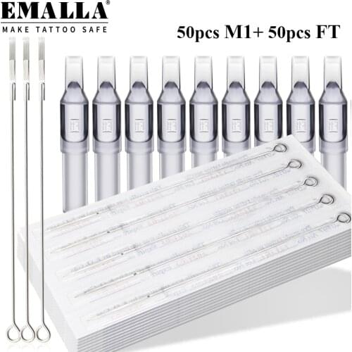 EMALLA Disposable 50PCS 3M1 5M1 7M1 9M1 11M1 Tattoo Needles and 50PCS 3FT 5FT 7FT 9FT 11FT Grey Tattoo Tips Tattoo Needles Kit