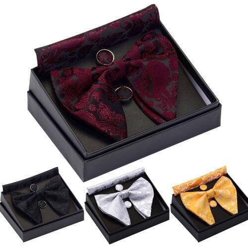 GUSLESON Paisley Big Bow Tie Mens Blue Red Yellow Bowtie Pocket Square Cufflinks Set with Gift Box Silk Wedding Necktie For Man