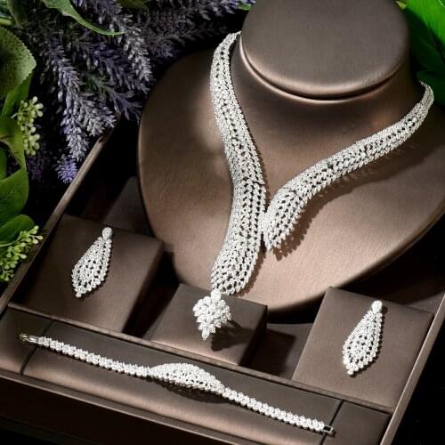 HIBRIDE Geometric Sparkling Fancy Big Women Wedding Jewelry Sets for Bridal Cubic Zirconia 4pcs set de collar y aretes N-1903