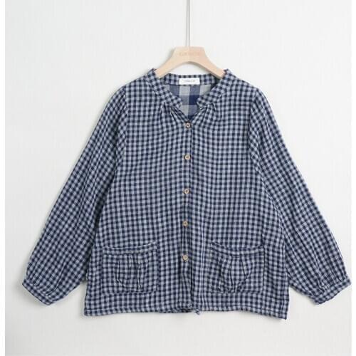 Classic Blue Gray Small Plaid Double-Layer Cotton Yarn Long-Sleeved Shirt Japanese Autumn New Loose Large Size Retro Blouse