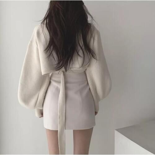 Korean Chic Elegant V-Neck Back Lace Up Irregular Lantern Sleeve Knitted Sweater High Waist Bag Hip Skirt Women Two Pieces