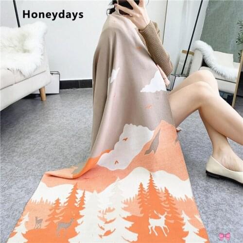 Literary Forest Pattern Design Warmer Winter Pashmina Scarf Ladies Wraps Shawl Tassel Bandana Travel Warm Ponchos Bufanda Shawls
