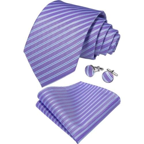 SJT-7102 DiBanGu Purple Striped Mens Tie 100% Silk Tie for Men Handkerchief Cufflinks Gift Tie Business Wedding Party Tie Set
