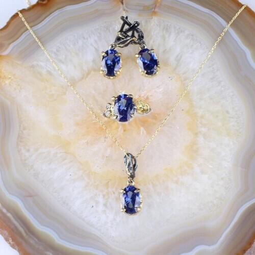 Oval and Flower Shaped Tanzanite Jewelry Set, Woman Silver Tanzanite Ring+Necklace+Earrings, Handmade Woman Silver Tanzanite