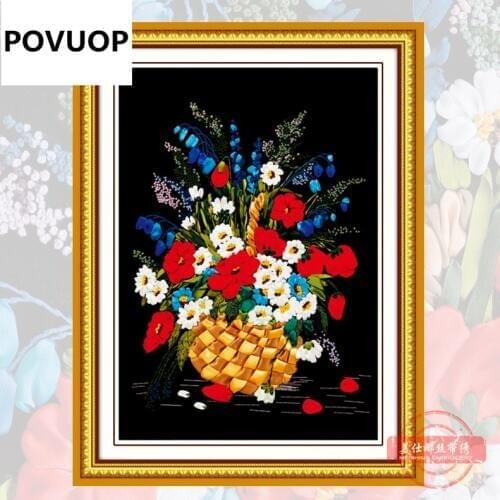 POVUOP High quality ribbon embroidery 55X50cm ribbon embroidery black cloth paintings new arrival a-5269 elegant