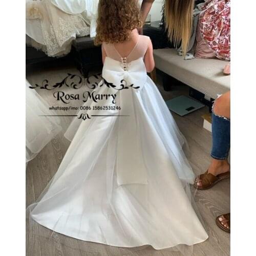 Princess White Cheap Flower Girls Dresses for Weddings 2021 A Line Knot Bow Cheap Pageant First Communion Birthday Party Gowns