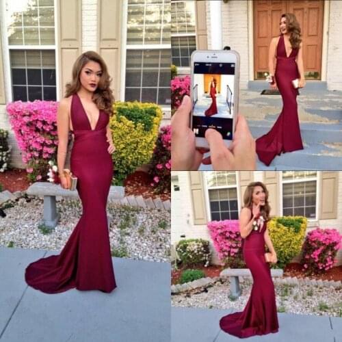Sexy Summer Spring Burgundy Mermaid Long Prom Dresses Backless Celebrity Formal Evening Gowns Custom Made Red Carpet Dress