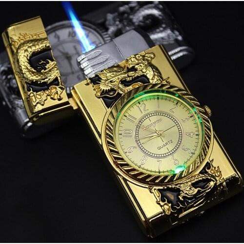 Luxury Gold Watch Lighter Metal LED Luminous Turbine Gas Windproof Cigar Lighter Cigarette Accessories Men Gift