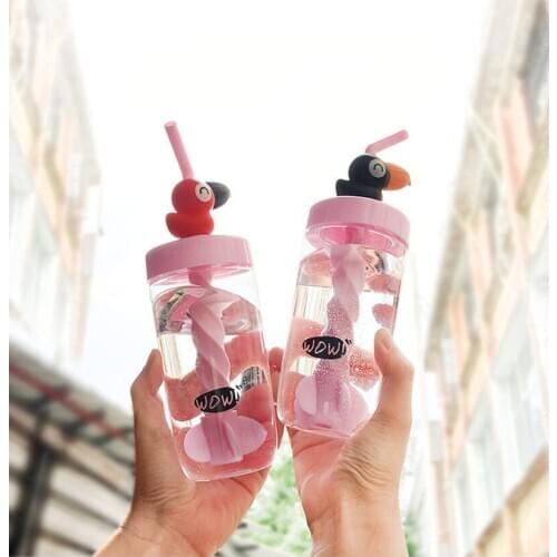 Sports Outdoor Straw Water Bottle Cartoon Bird Stirring Straw Cup Portable Travel Plastic Water Bottle For Children 400ml