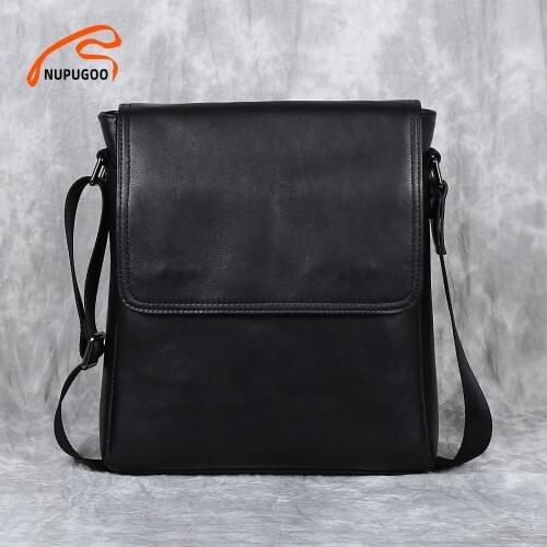 NUPUGOO Casual Men Shoulder Bag Genuine Leather Small Crossbody Bag Classic Fashion Messenger Flap Zipper Bag For 9.7 Inch iPad