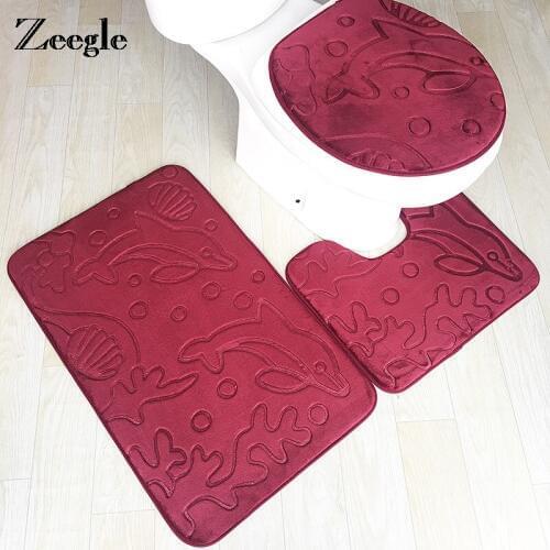 Zeegle Memory Sponge 3pcs/set Toilet Mats Anti-slip Absorbent Bathroom Rugs 3D Dolphin Printed Floor Mats Toilet Rug Set