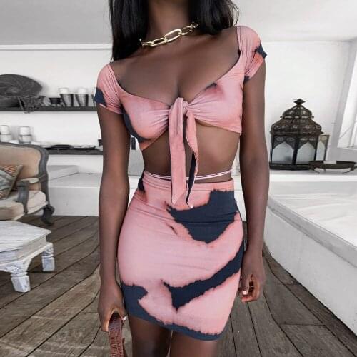 Hirigin Europe and the United States 2021 Hot money summer womens tie dye bandage sexy off shoulder short T-shirt y2k clothes