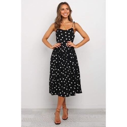 Sexy Sweet Women Sleeveless Adjust Bow knot tied Straps Backless Polka Dot Midi Dress Ladies Dress for Party Daily Beach Wear