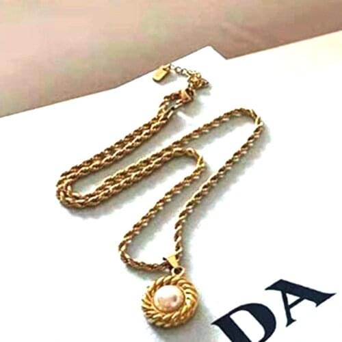 Vintage pearl pendant chunky twist rope chain necklace for women stainless steel gold plated sweater necklace fashion 2021
