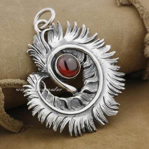 925 Sterling Silver Feather Heart Red CZ Stone Fashion Pendant 9J019