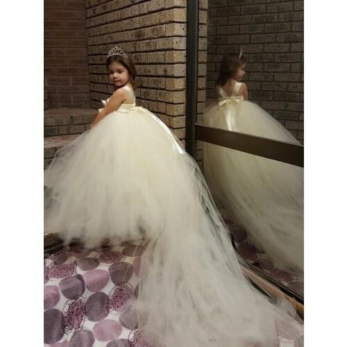 Girls Ivory Long Trailing Tutu Dress Kids Tulle Flower Dress Ball Gown with Crown Set Children Birthday Party Costume Dresses