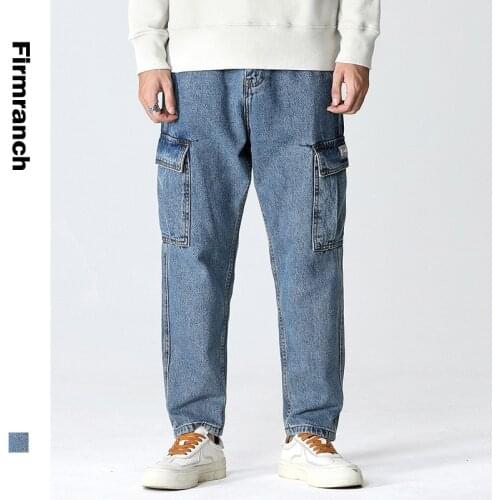 Firmranch New Men/Women Washed Blue Pencil Jeans For Men 2021 Casual Pocket Cargo Men Jeans Homme Loose Play boy Jean Large 4XL
