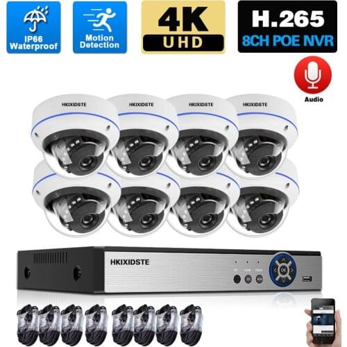 4K Ultra HD POE IP Dome Camera System Set 8CH NVR Kit Outdoor Waterproof Audio CCTV Security Surveillance Camera System Kit 8MP