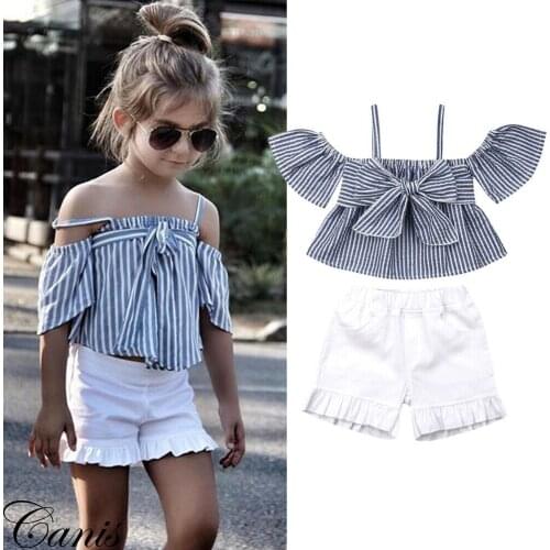 2-7Y Summer Fashion Infant Baby Girls Clothes Sets Cotton Strap Off Shoulder Blue Striped Tops Shorts Summer Outfits Set