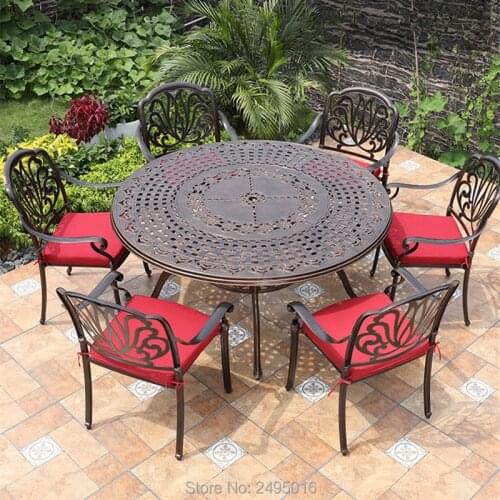 Set of 7-piece cast aluminum patio dining set Outdoor furniture dining tables in round dia 150cm for poolside backyards