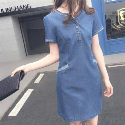 Slim short sleeve pockets summer blue denim dresses women 2021 casual V neck button up mini short jean dress c112