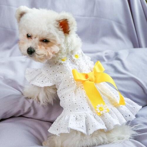 Puppy Dog Cat Clothes Daisy Flower Cutout Classic Dress for Small Dog Spring Summer Girls White Bowknot Sunflower Cute Skirt
