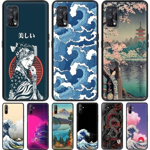 For Realme 6 7 Pro C3 5 XT C15 8 Phone Case X50 C11 GT Neo C20 C21 7i C25 Q2 Black Soft Shockproof Cover Japanese Style Art Capa