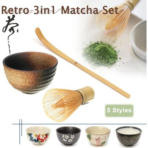 Retro 3in1 Bamboo Chasen Matcha Whisk Chashaku Tea Scoop Matcha Bowl Ceramic Tea Bowl Home Kitchen Tea Tools Set Tea Accessories