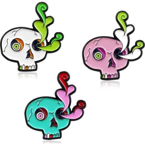 Colorful Skull Plant Metal Enamel Brooch Creative Skeleton Eye Flower Badge Pin Trendy Charming Backpack Hat Jewelry Accessories