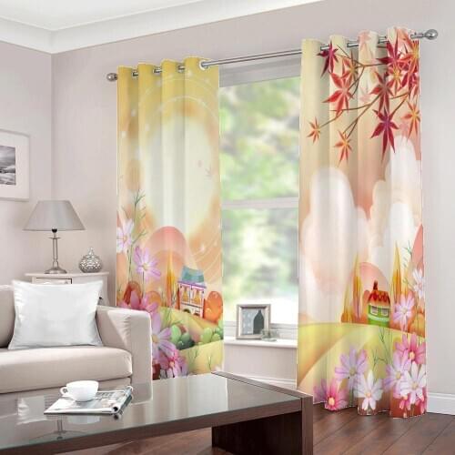 Photo Custom Curtains 3d hand-painted cartoon house flowers For children room Bedroom Sunshade Blackout Drapes Home Decor