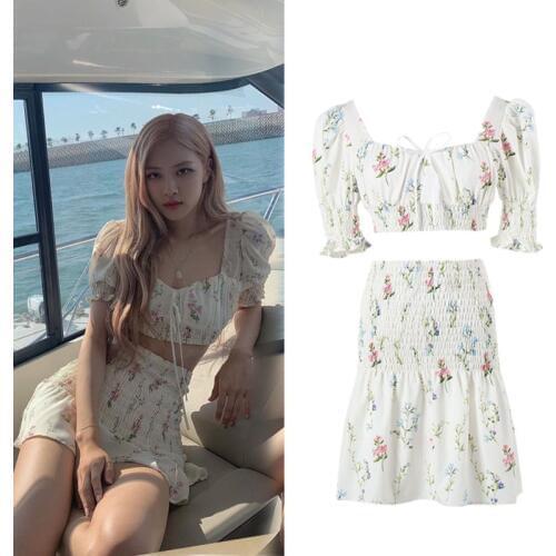 Kpop Korean Celebrity ROSE Slim Square Collar Floral T shirt Tops+Summer Sexy High Waist Elastic Skirts Women Two-Piece Outfits
