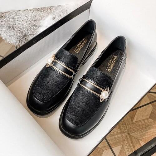 Pearl Metal buckle small leather shoes women 2021 patchwork loafers square toe thick heels oxfords woman flats plus size 35-43