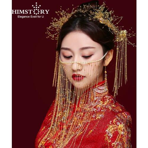 HIMSTORY Sparkling Vintage Gold Pearl Bridal Hair Accessories Chinese Bridal Jewelry Headpiece Haircombs Hairpin Headwear Jewelr