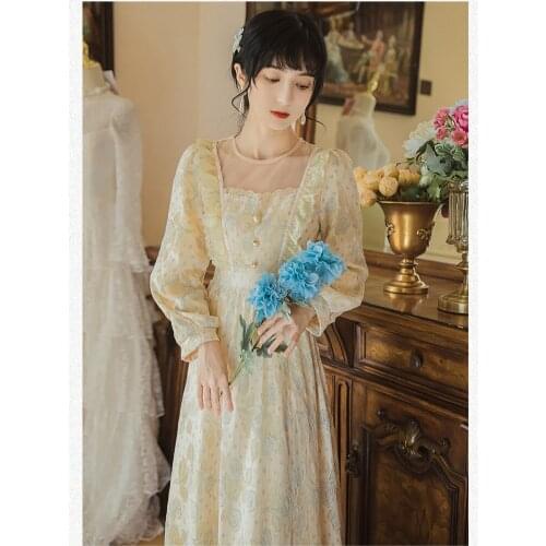 Autumn Lace Dress Ruffled Round Neck Mesh Lace Crochet Hollow Sweet Romantic Ladies Party Fairy Dress Y2K Womens Clothing 2021