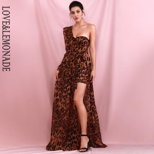 LOVE & LEMONADE Sexy Off-The-Shoulder Brown Leopard Chiffon Whit Split Single Sleeve A-Shape Beach Maxi Dress LM82235