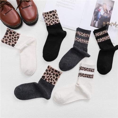 Cotton Women Sock Elastic Leopard Pattern Breathable Mid Tube Socks Autumn Winter Long Socks 1Pair Korean Style Sox for Female