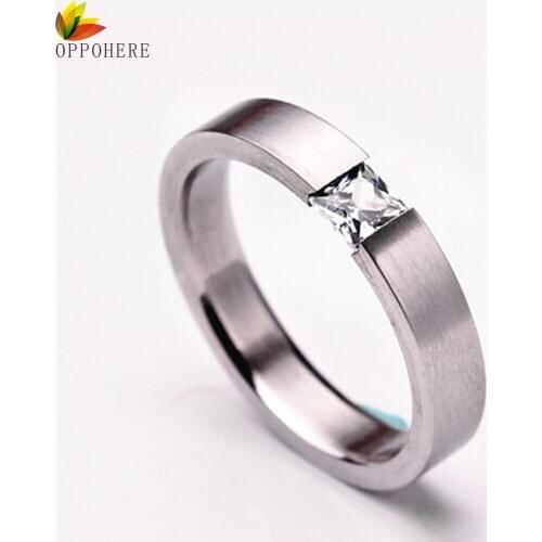 OPPOHERE 1PC Women Lady 4mm Stainless Steel Solid Zircon Crystal Rhinestone Engagement Wedding Charm Rings Size 6/7/8/9/10/11