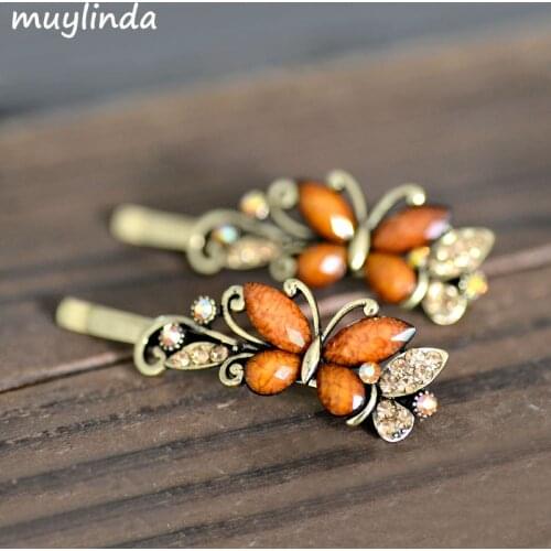 2 pcs / lots ) Vintage Butterfly Hair Clip Resin Beads Classic Hairpin Hairgrips Women Hair Accessories