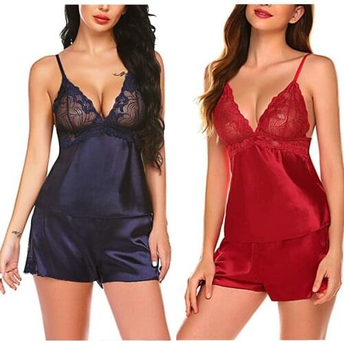 Satin Pajamas Set Women Lace Casual Sleeveless Nightgown Lady Sleepwear Nightwear