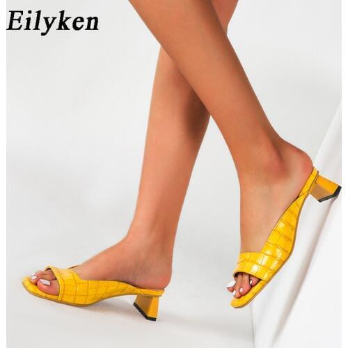 Eilyken 2021 New Mules Ladies Shoes Low Heels Fashion Unique Print Leather Summer Slippers Outdoor Peep Toe Designer Sandals