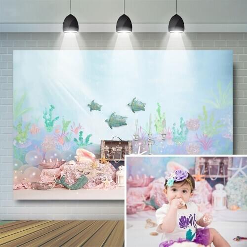 Little Mermaid Cake Smash Photography Backdrops Baby Birthday Background Party Fish Theme Kids Children Photo Photostudio