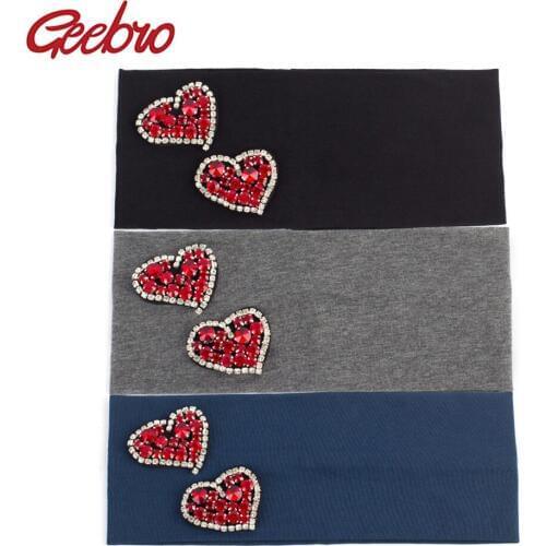 Geebro Womens Plain Stretch Headbands Fashion Double Heart Rhinestones Elastic Flat Headband For Girls Hair Band Turban Wrap