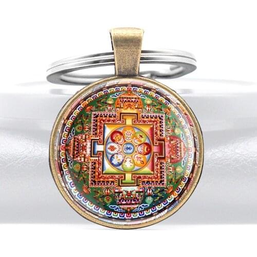 Classic Mandala Tibetano Design Glass Dome Pendant Key Chain Unique Men Women Key Rings Jewelry Gifts Keychains