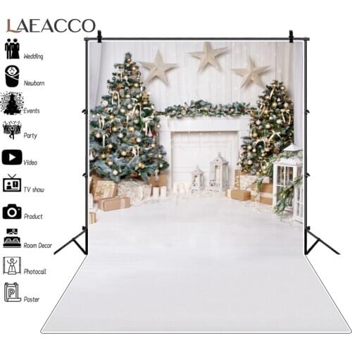 Laeacco Christmas Tree Fireplace Gifts Light Stars Wooden Floor Photography Backgrounds Family Portrait Backdrops Photo Studio